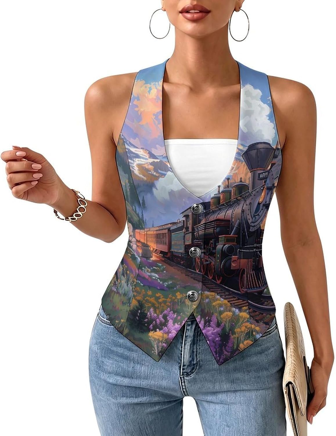 Steam Engine Train Women's Tuxedo Waistcoat Suit Vest | 3 Button V-Neck Slim Fit Casual Sleeveless Top