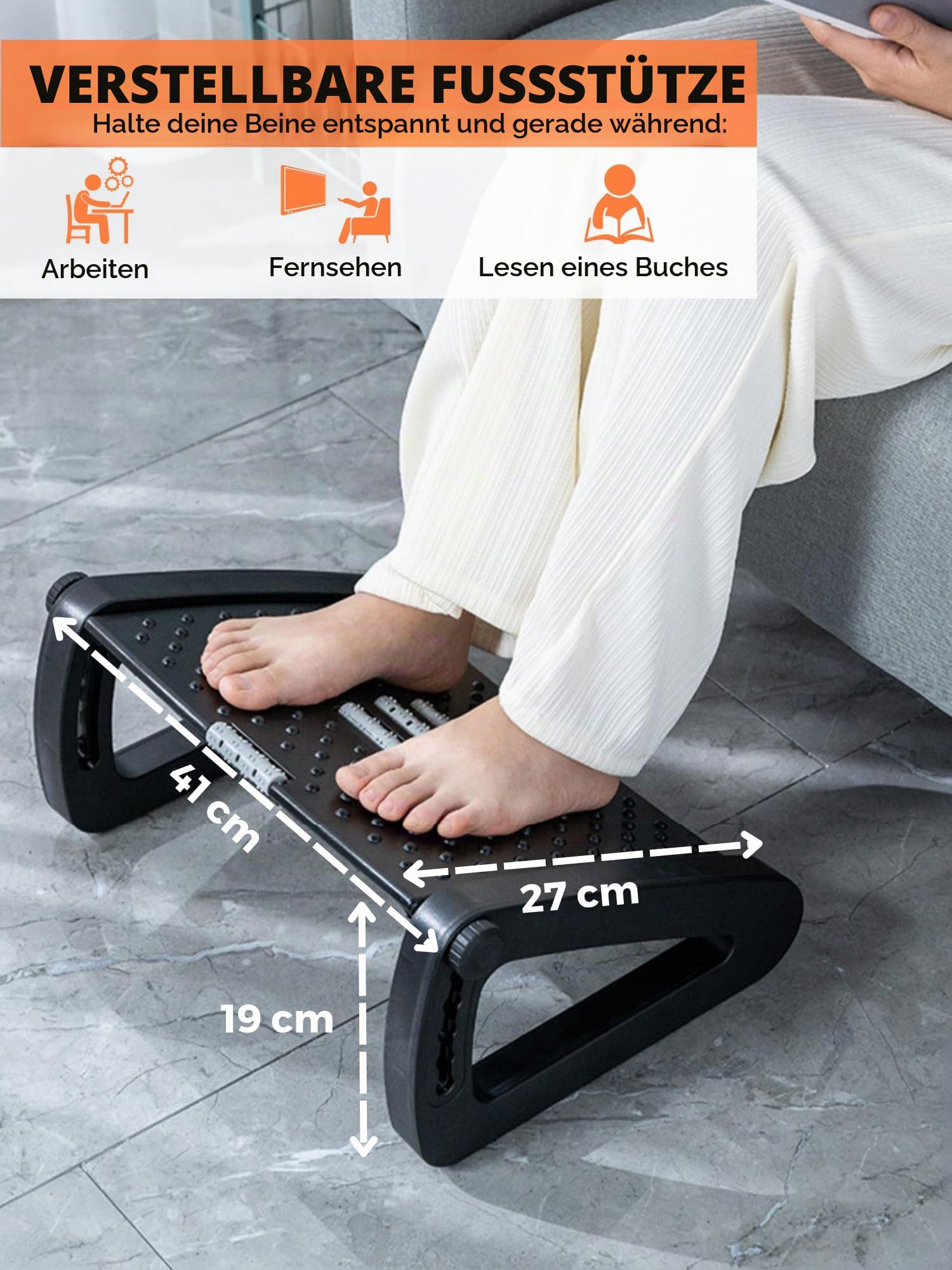 Fußstütze Unter Schreibtisch, Ergonomische Fußbank fürs Büro, Rutschfest, Verstellbare Fußbänkchen mit Massagefunktion, Verbessert die Körperhaltung und die Durchblutung, Ideal für Arbeit und Zuhause