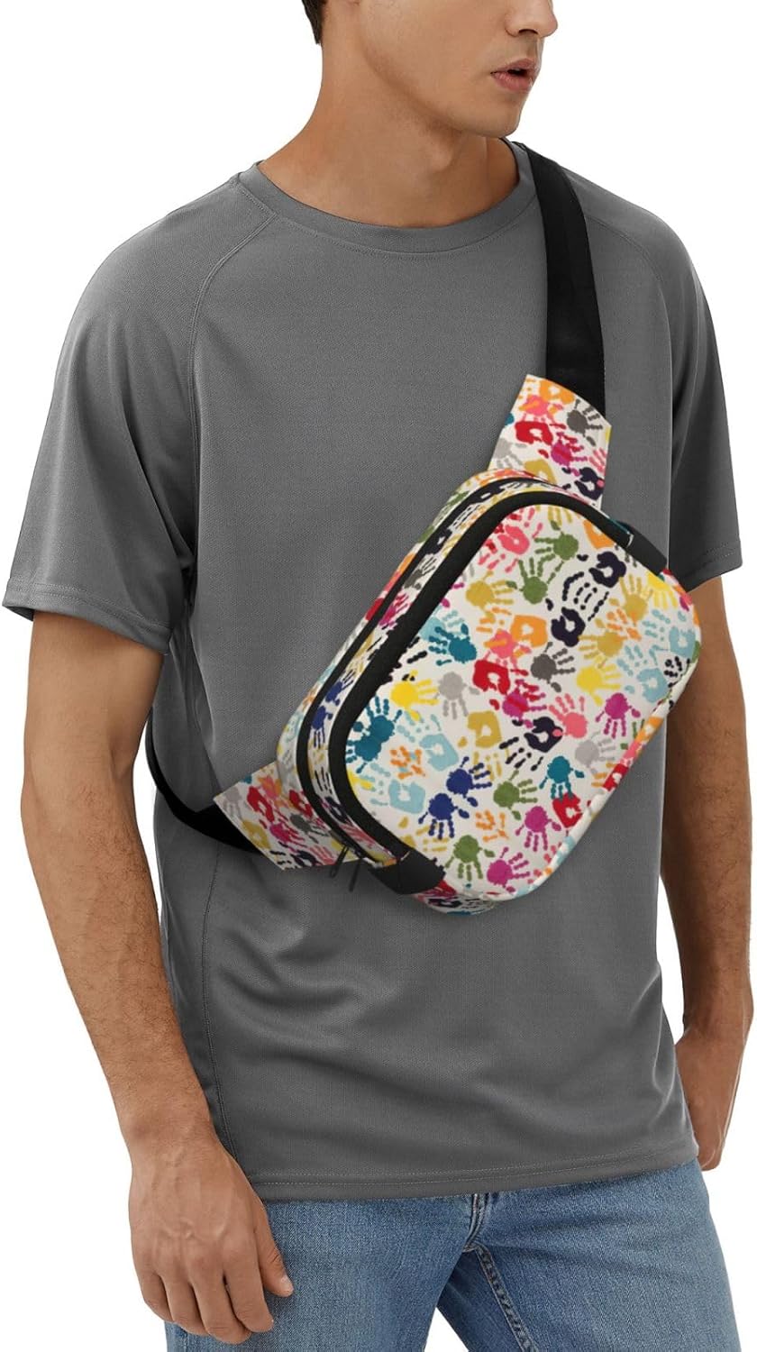 Hand Print Print Fashion Waist Packs Square Layer Waist Bag Black Belt Bag with Adjustable Strap