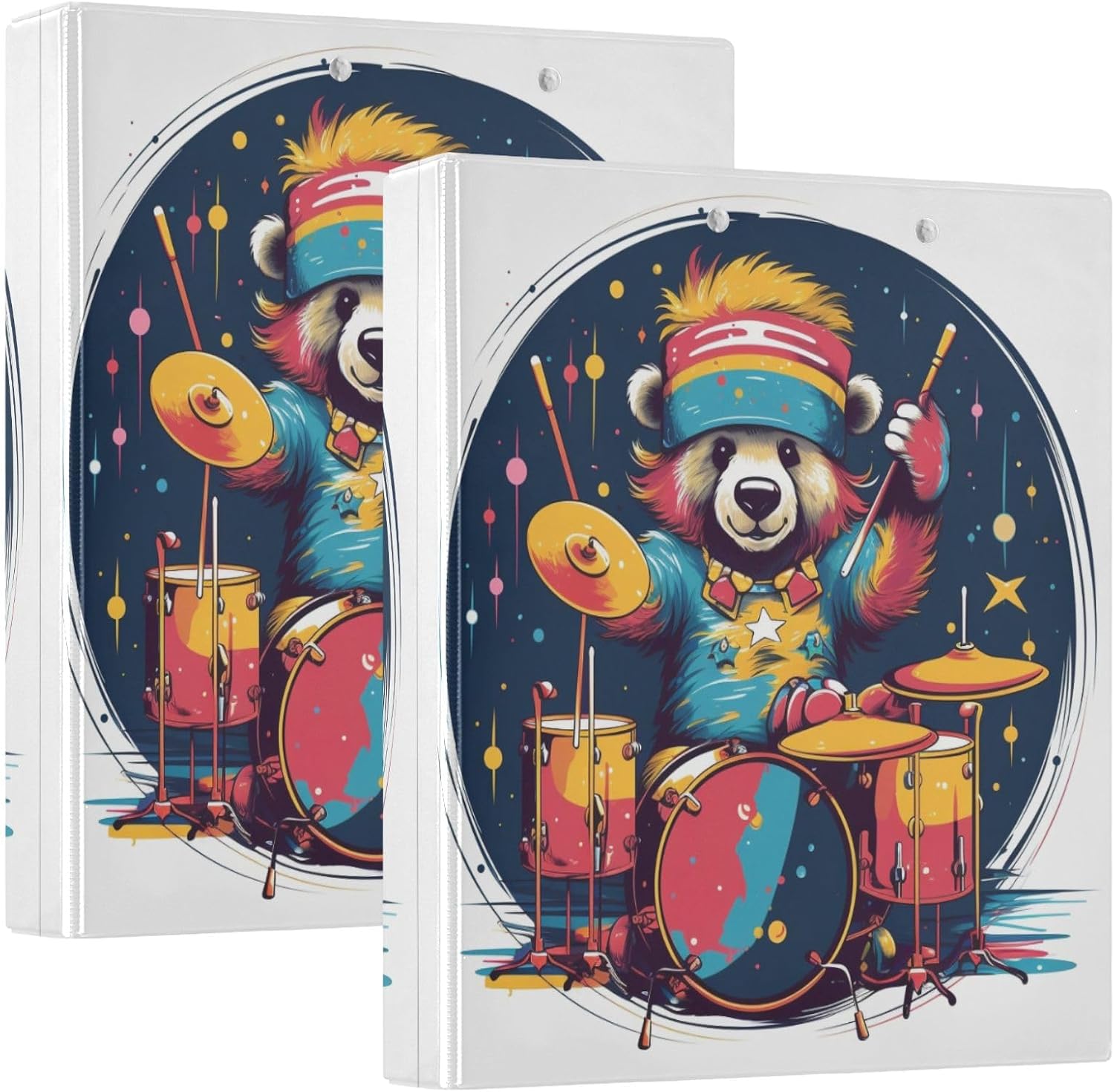 Drum Player Bear 3 Ring Binders with Clipboard File Folder for Office School with Pocket