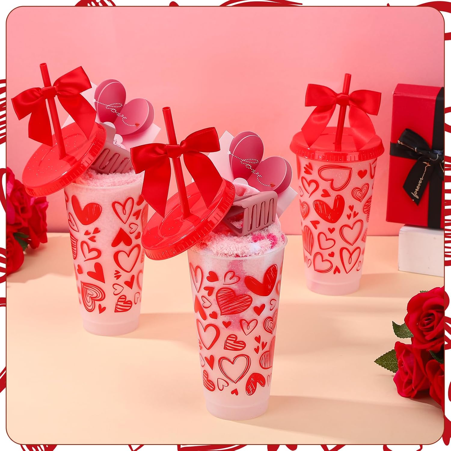 30 Pcs Galentine's Day Pink Gift Valentine‘s Day Party Supplies for Women Includes Cups Fuzzy Socks Hair Scrunchies Hair Clips Straw Caps Greeting Cards for Party Favors Gifts
