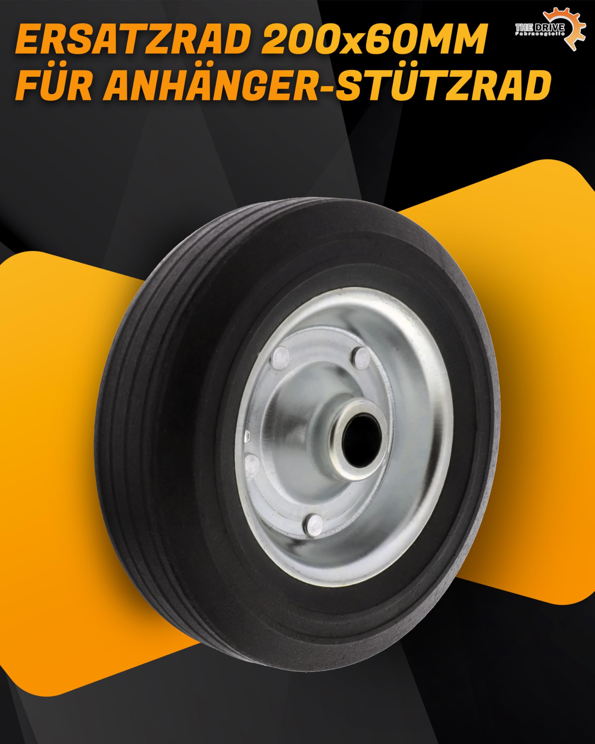 Ersatzrad 200x60 mm für PKW Anhänger-Stützrad | 400 kg Traglast | Ø 20mm Achsdurchmesser | Vollgummi mit Stahlfelge