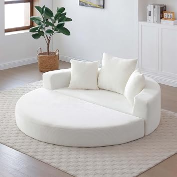 Convertible Futon Sofa Bed, Round Folding Comfy Corduroy Upholstered Couch Bed with 3 Pillows, Boneless Floor Lazy Loveseat Sofa for Living Room, Apartment, Small Spaces, Beige, 67-Inch Corduroy