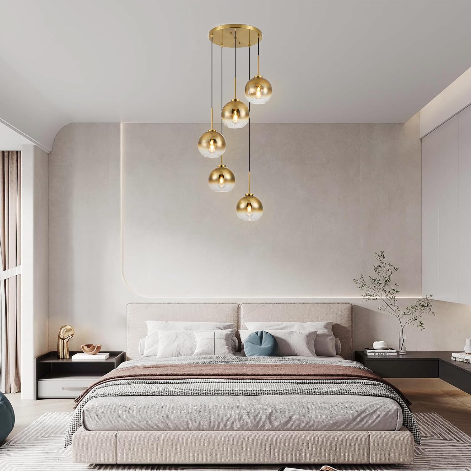 Mid Century Modern Chandelier, 5-Light Gradient Gold Glass Pendant Lights Kitchen Island, Pendant Lights with Adjustable Cord, Pendent Lighting for Kitchen Island, Staircase, Dining Room