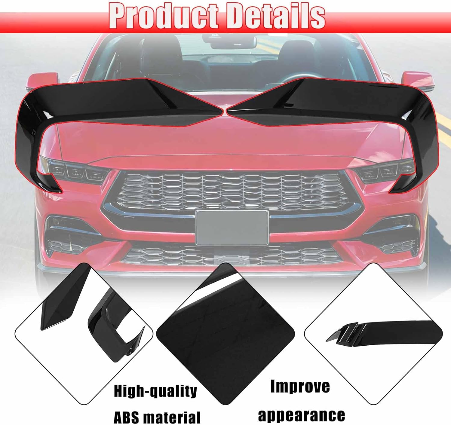 A Pair Front Lower Side Grille Inserts Covers for Ford Mustang EcoBoost 2024-2025 ABS Plastic Add On(Glossy Black)