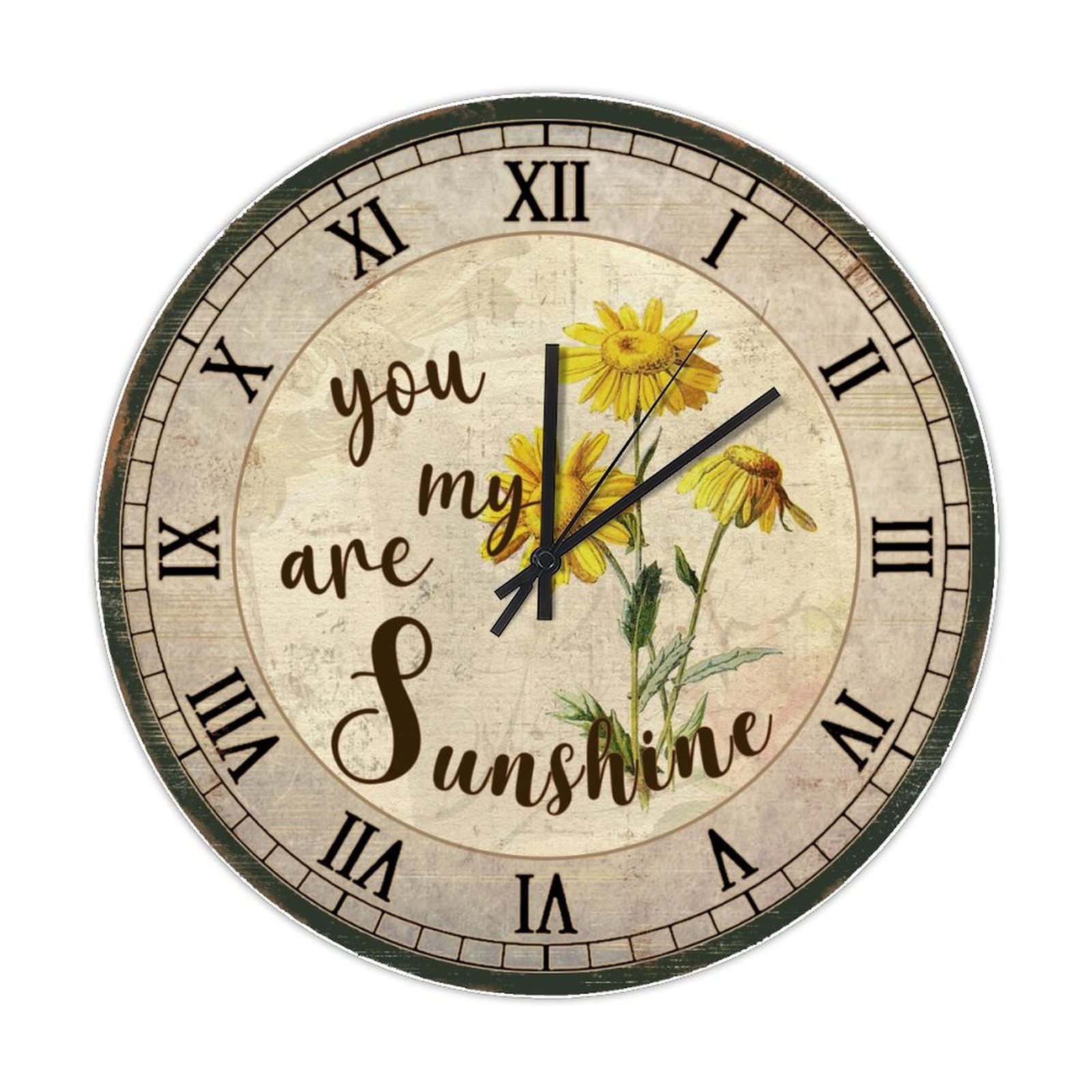 Horloge murale ronde en bois vintage tournesol de 38 cm pour decoration salon ou cuisine