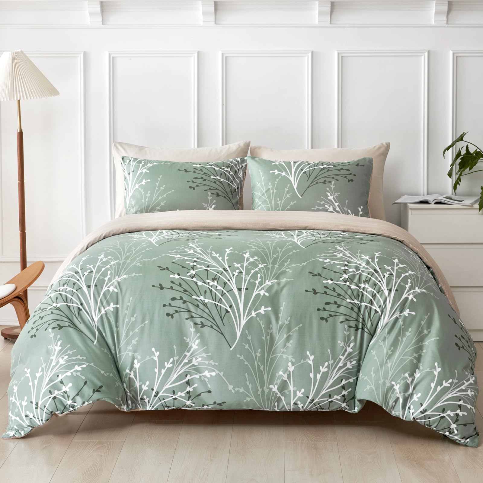 Tokokimo 4PCS Duvet Cover Sets King Size Bedding Sets, Botanical Branches Printed Grey Kingsize Duvet Cover Sets with Pillowcases and Extra Fitted Sheet, Soft Microfiber King Size Bedding Sets — view 47