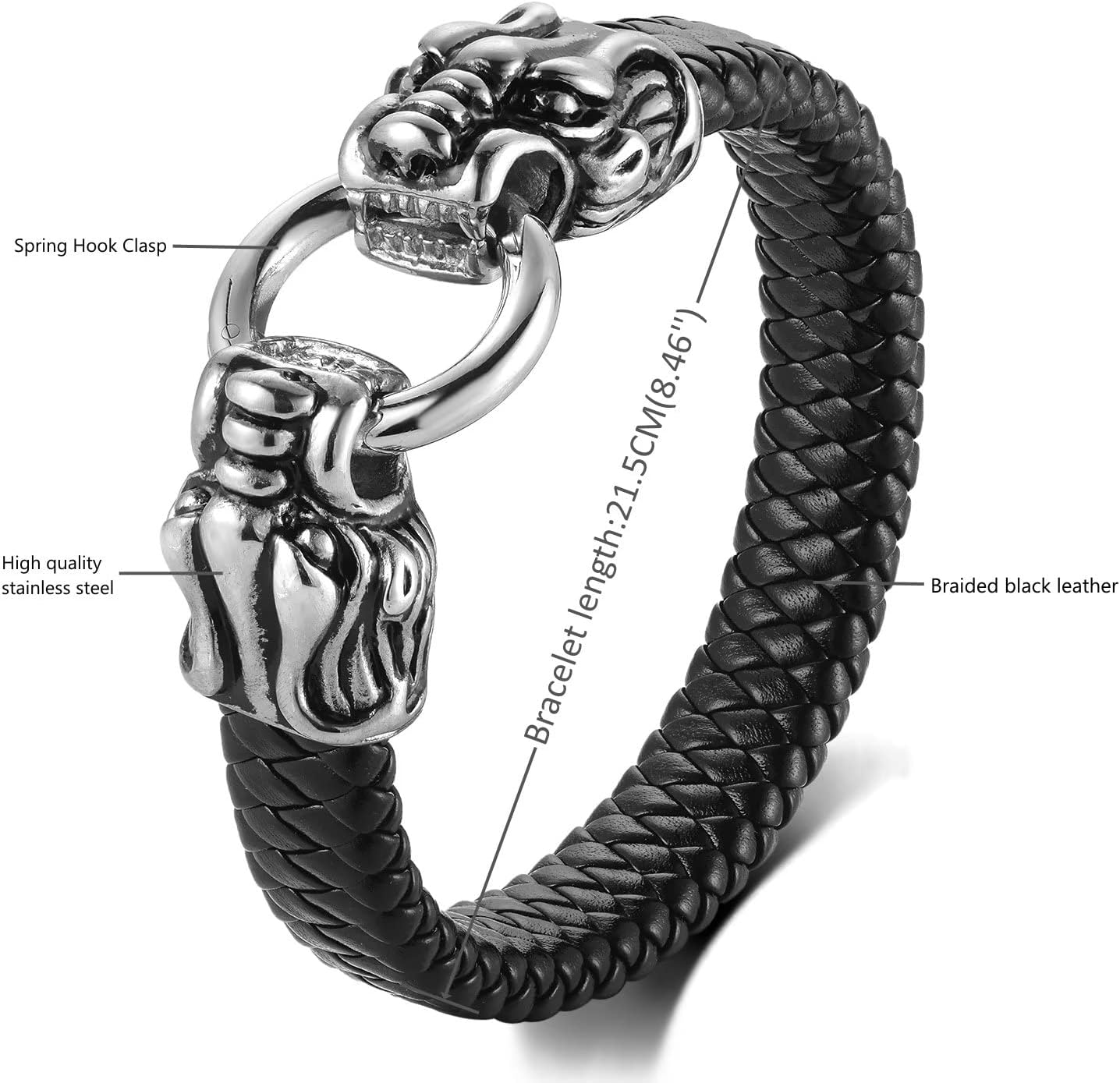 Mens Stainless Steel Vintage Dragon Head/Skull Charm Black Braided Leather Bangle Bracelet, Biker Punk Rock, Spring Ring Hook Clasp - Image 3