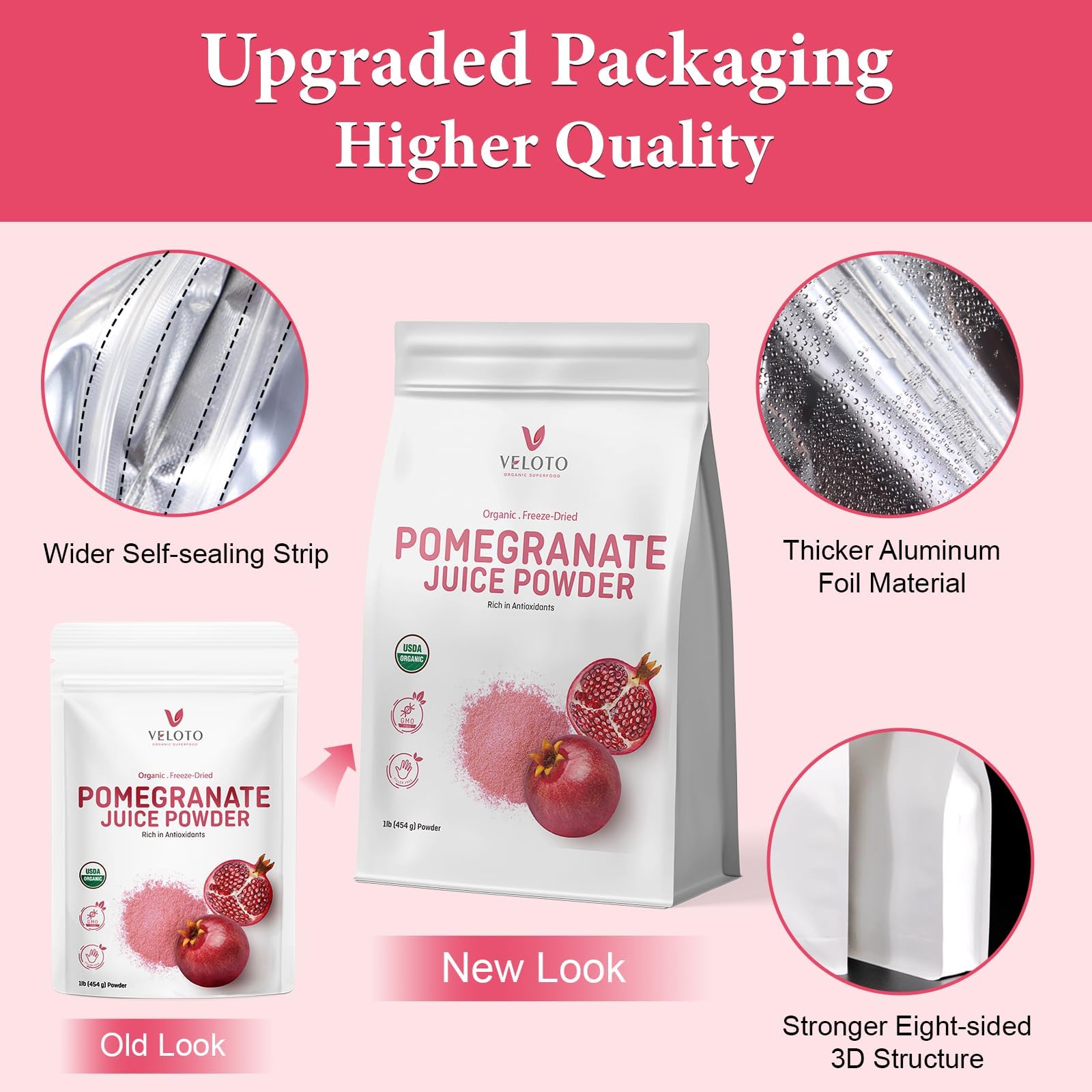 Organic Pomegranate Juice Powder 1 lb, Freeze-Dried, Antioxidant Superfood, No Sugar Added, Unsweetened, Non-GMO, Vegan, for Smoothies, Juice & Baking