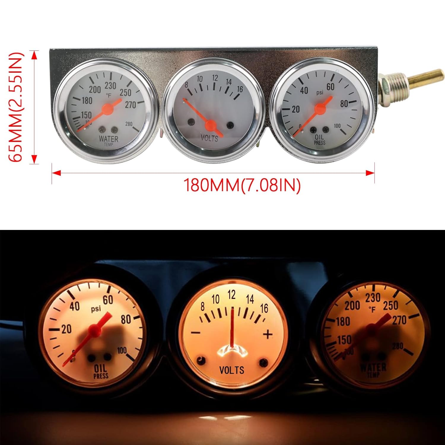 Triple Gauge Kit Oil/Volt/Water Gauge,2"/52mm Chrome Panel 3in1 Car Meter Oil Pressure Fahrenheit Water Temp Ammeter Triple Gauge Kit