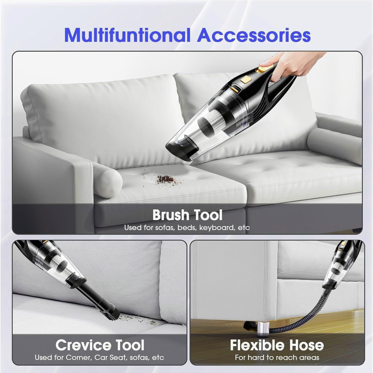 Car Vacuum Portable Cordless – 9000PA Strong Suction, Lightweight & Rechargeable – Includes Multi-Nozzle Attachments for Car, Home, Office, and Pet Hair – Compact & Powerful Black Gold Vacuum