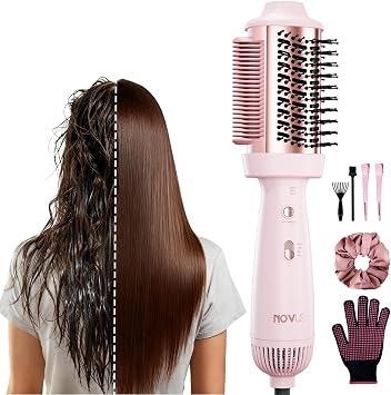 4-in-1 Blow Dryer Brush & Hair Straightener - NOVUS Ionic Hot Air Styler with Titanium Barrel, Volumizer for Frizz-Free Smoothing, Blowout Tool for All Hair Types Pink