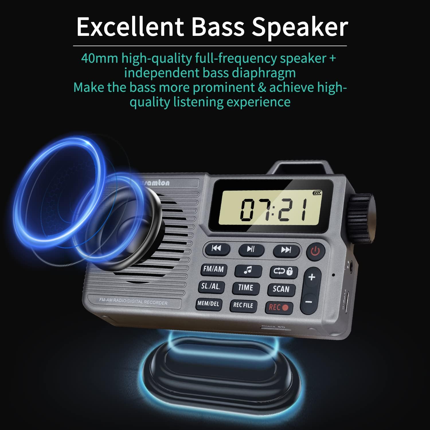 Portable AM/FM Radio, Small Pocket Radio with Bluetooth, Bass Speaker, Support Micro SD Card and Record, Long Battery Life, Alarm and Sleep Function : Electronics