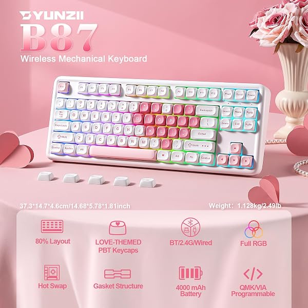 YUNZII B87 Wireless Mechanical Keyboard,QMK/VIA Software Custom Gaming,Gasket RGB Keyboard with Cute MOA Keycaps,Wrist Rest,BT5.0/2.4G/USB-C NKRO for Win/Mac (white heart, milk v2 linear) - 2