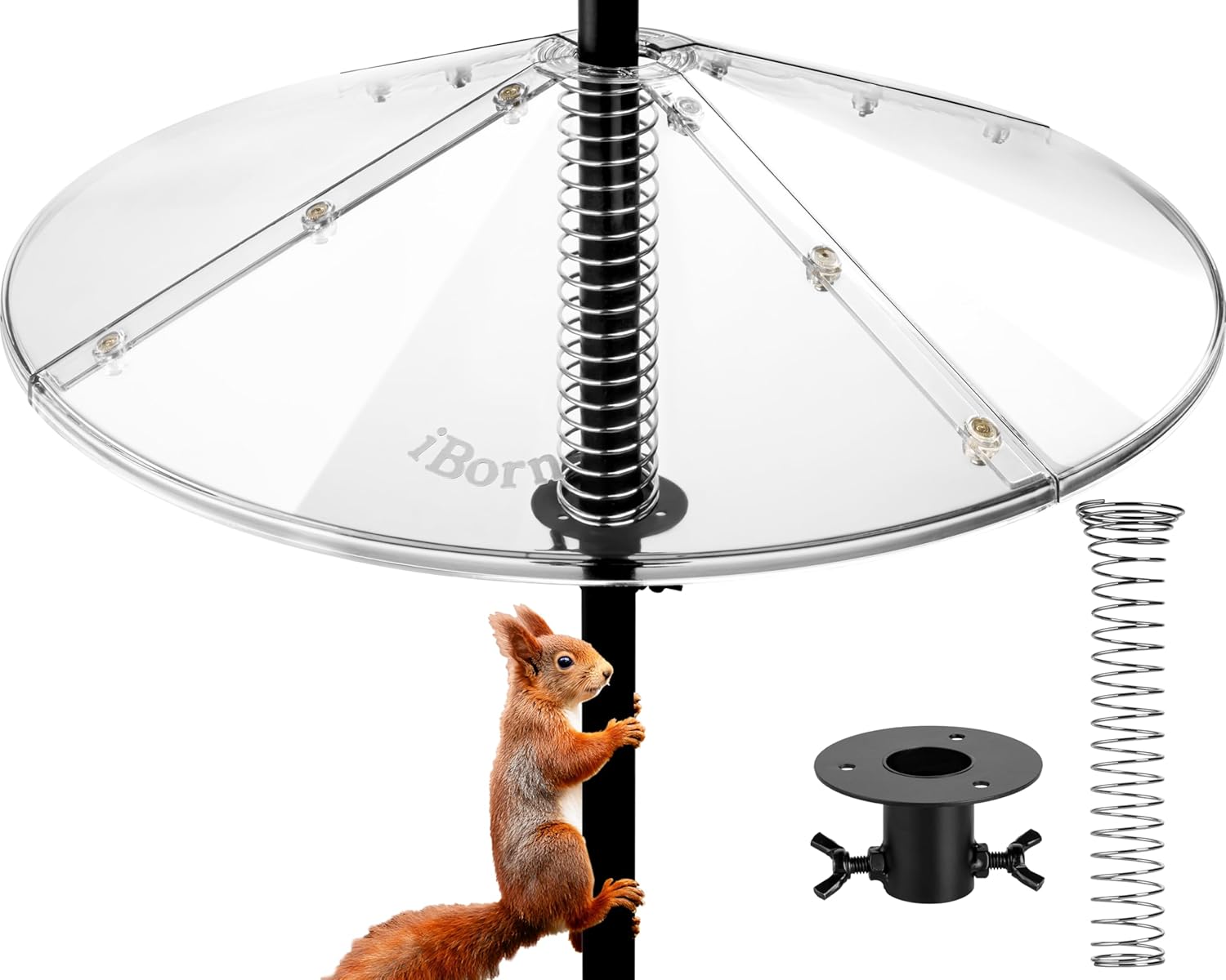 iBorn Spring Squirrel Baffle for Bird Feeder Pole, 19.5” Oversized Spring Squirrel Guard Defender, Bird Feeder for Outdoors Protector, Metal Spring & Buckle, Polycarbonate(PC) Baffle, Pack of 1,Clear