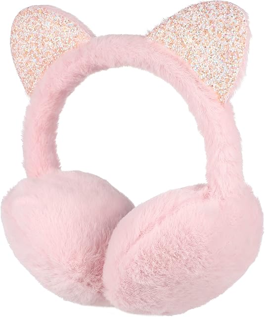 Amosfun Cat Ear Muffs Plush Earmuffs Sequin Winter Warm Earmuffs Animal Ear Covers Warmers Headwear for Kids Girls