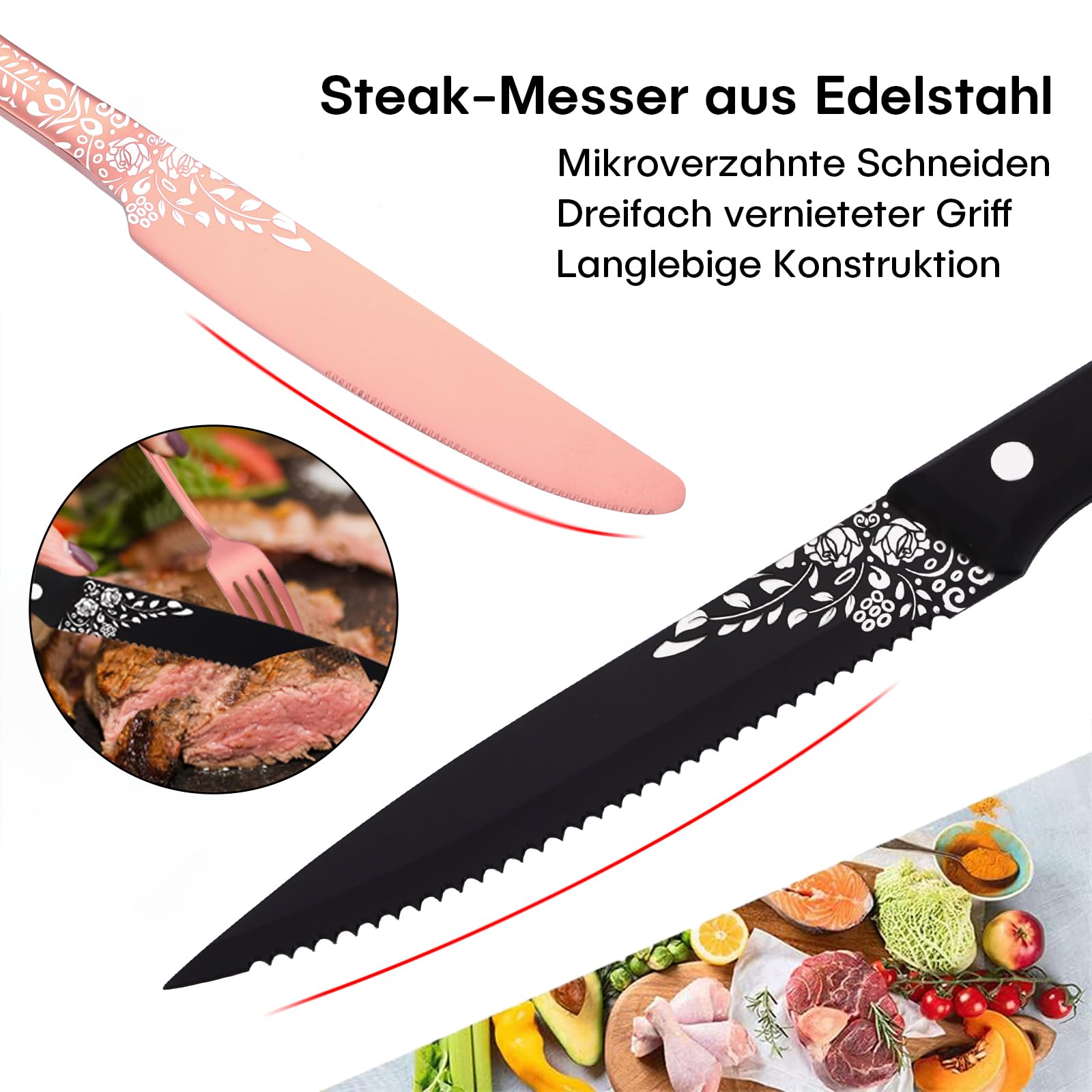 36-teiliges Besteck Set Roségold für 6 Personen, HONKKU Edelstahl Besteckset mit Steakmesser, Essbesteck Set Spiegel Polierter mit Blumenmustern, Gabel Löffel Messer Set Geschirrspüler Safe