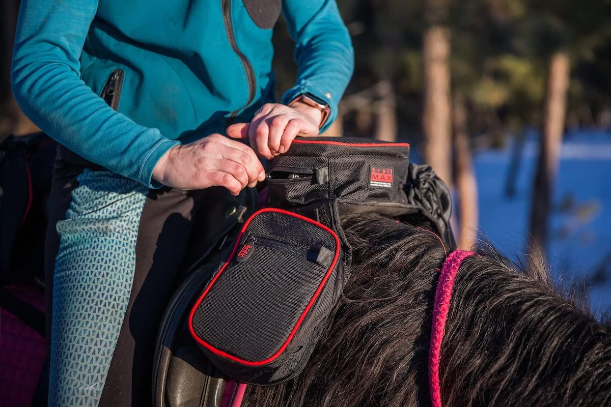 TrailMax Compact English Pommel Pocket Horse Saddle bag; English Front Pocket Horse Saddle Bag w/Water Bottle Sleeve; English/Endurance/Australian Saddle bags; Horse Saddle Bags for Trail Riding;Green