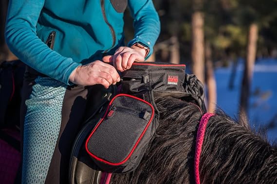 TrailMax English/Endurance Horse Saddle Bag Bundle; Set of English Saddle Pommel Bags and Cantle Bag, Combination Trail Riding Saddle Bags for English/Endurance Saddles; Red Piping