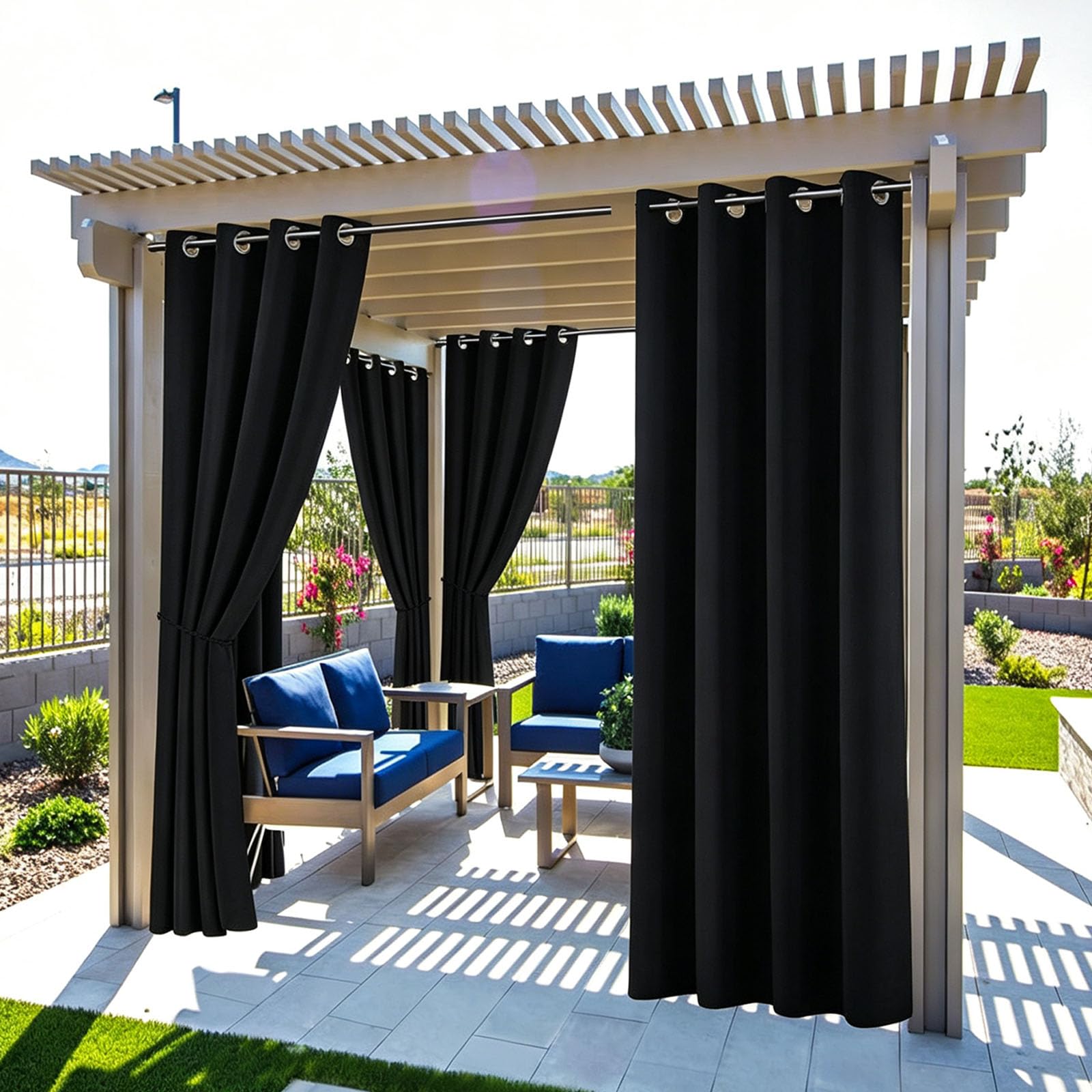 Outdoor Vorhang 208 x 155 cm Benutzerdefinierte Größe Outdoor Vorhang Wasserdicht Wetterfest Blickdicht mit Ösen Gardinen Wasserdicht für Garten Balkon, Schwarz
