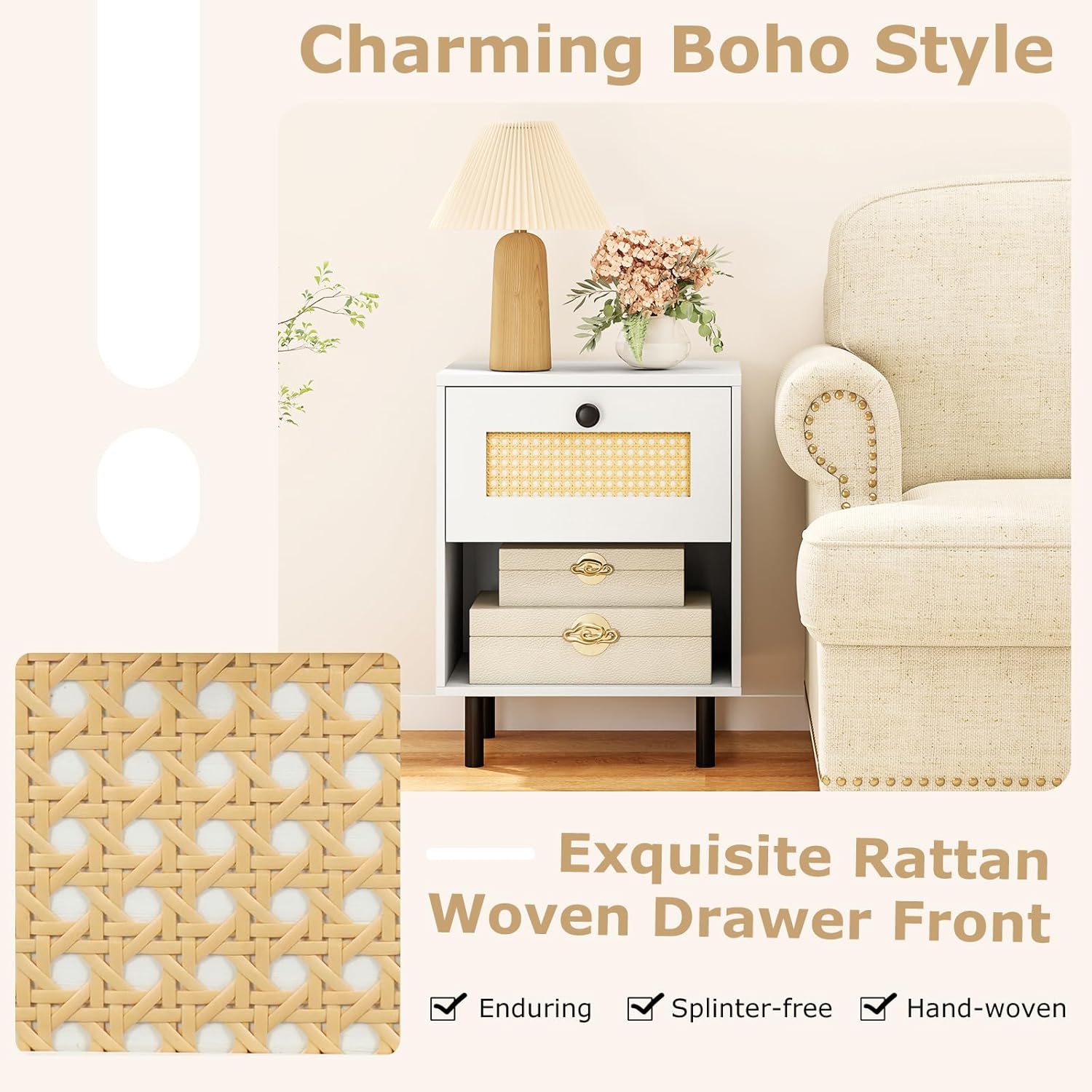 Giantex Rattan Nightstand with Drawer, Modern Bed Side Table w/ 4 Metal Legs and Open Storage Shelf, Wood Boho End Table for Small Spaces, White Night Stand for Bedroom Office