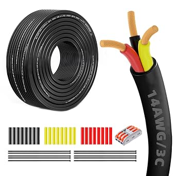 14 Gauge 100% Pure Copper 3 Conductor 14/3 Flexible Electrical Wire 50FT, UL2464 14AWG 3 Core Electrical Cable for Automotive, Marine,Boat,LED Lighting, Garden Lighting,etc