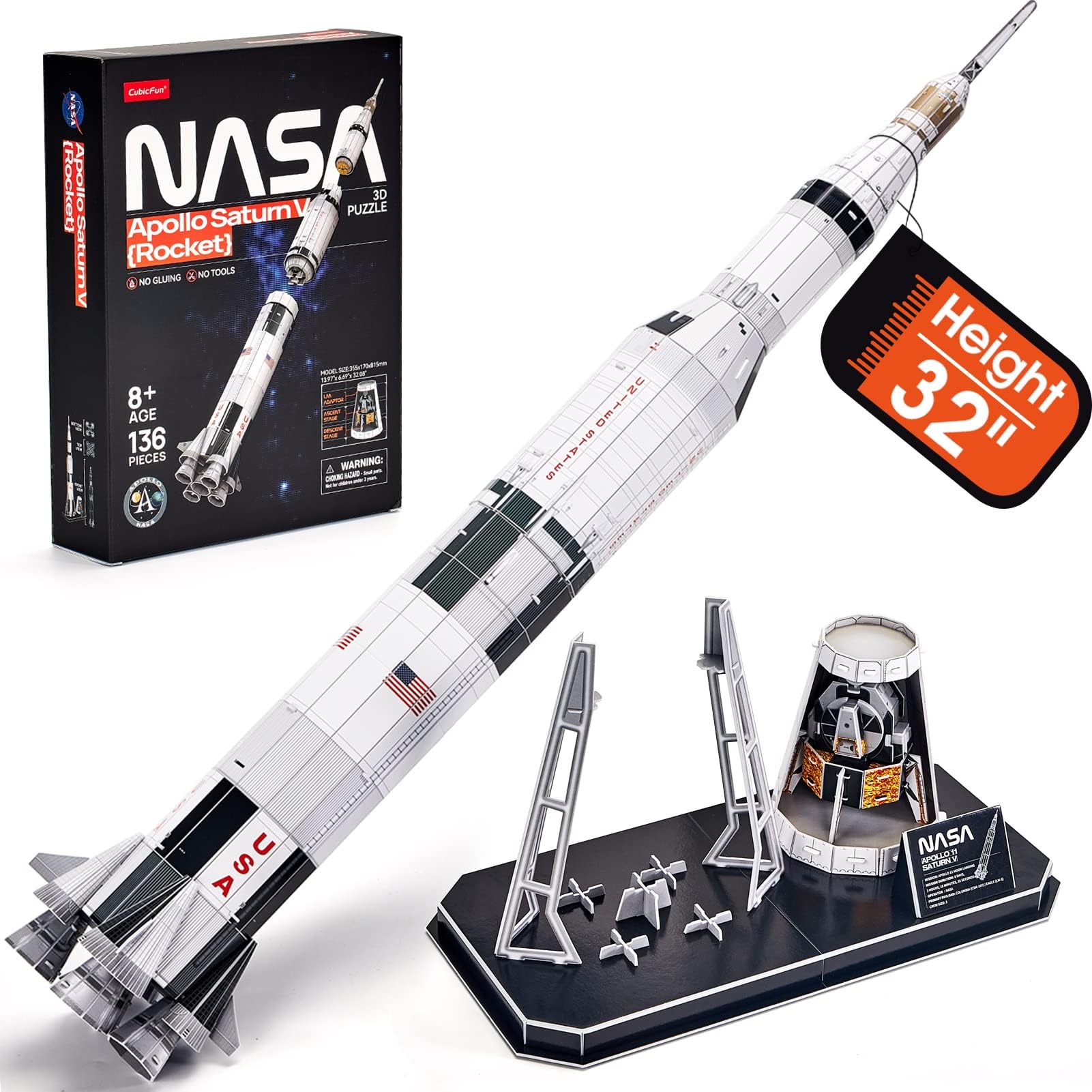 NASA Apollo Saturn V 3D Puzzles for Adults Kids Space Toys for Boys 5-8 Rocket Ship, Puzzles for Kids Ages 8-14 Space Exploration Puzzle Model Kit, 136 Pieces forTeens