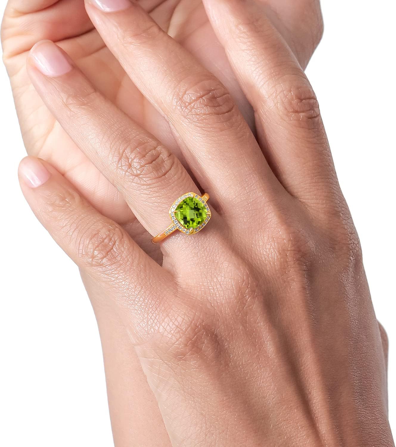 Gem Stone King 10K Yellow Gold Green Peridot and White Diamond Halo Engagement Ring for Women | 2.75 Cttw | Cushion Checkerboard 8MM | Wedding Anniversary Promise Ring