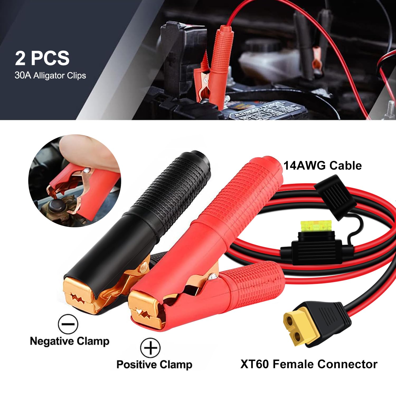 Złącze XT60 z Zaciskami Krokodylkowymi 12 V, 24 V, 20 A, 14 AWG, XT60 do Zacisku Akumulatora z Bezpiecznikiem 20 A do Przenośnych Agregatów Prądotwórczych, Elektronarzędzi itp. (2 m)