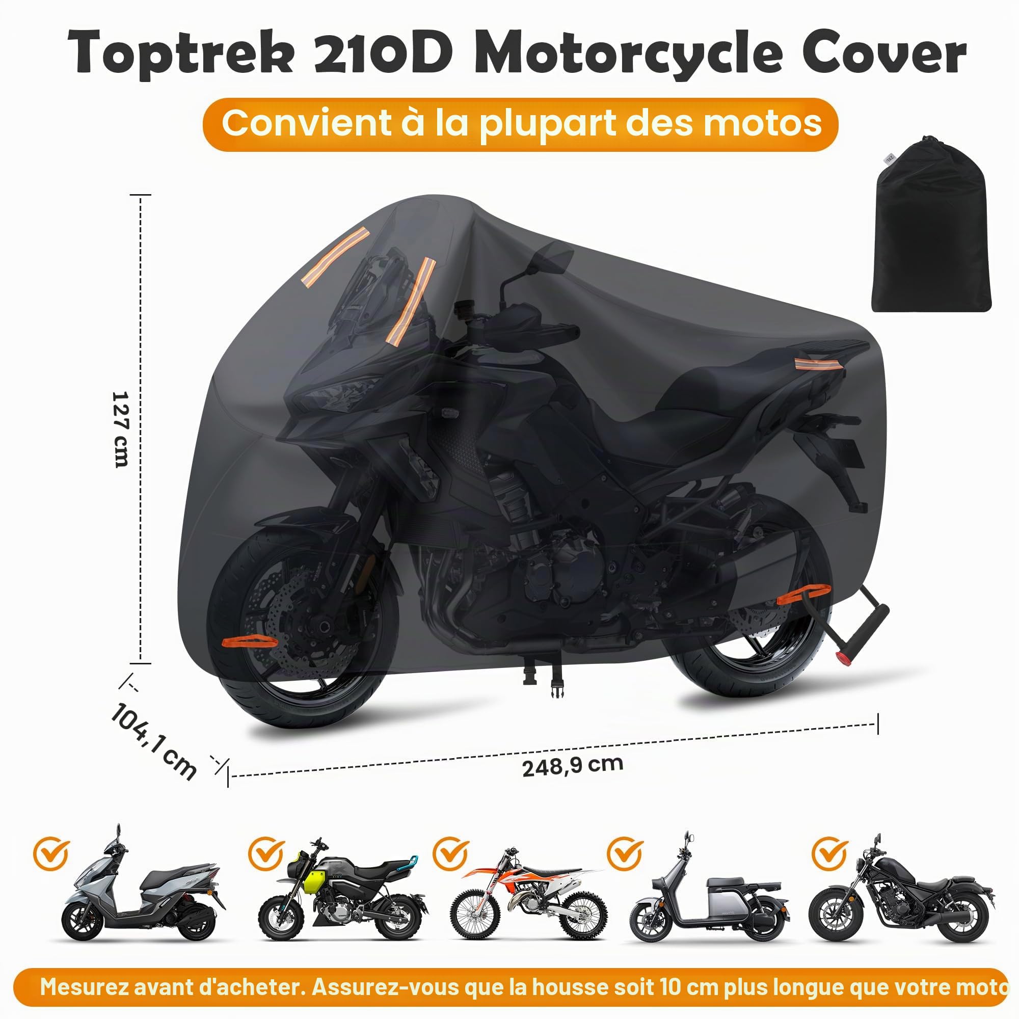 Bache Moto, Bache Moto Exterieur Etanche, Protection extérieure Contre Le Froid et Le Soleil avec Trou de Serrure, Housse Moto Exterieur adaptée à Une variété de modèles (245x105x125 cm)