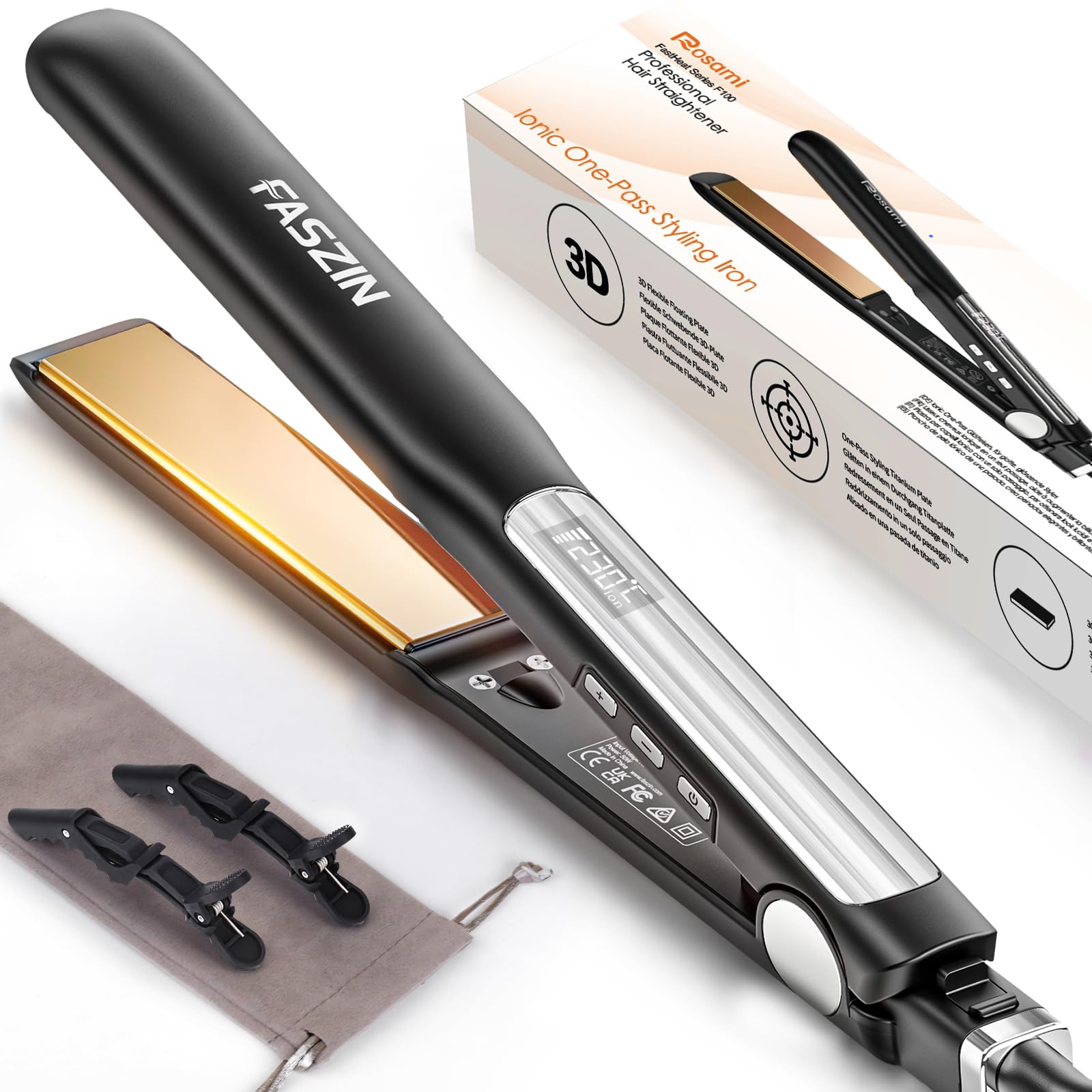 Hair Straighteners, Ionic Titanium Plate for Smooth Shiny Results, 20S Fast Heat Up Flat Iron, Clear LCD Display (Black)