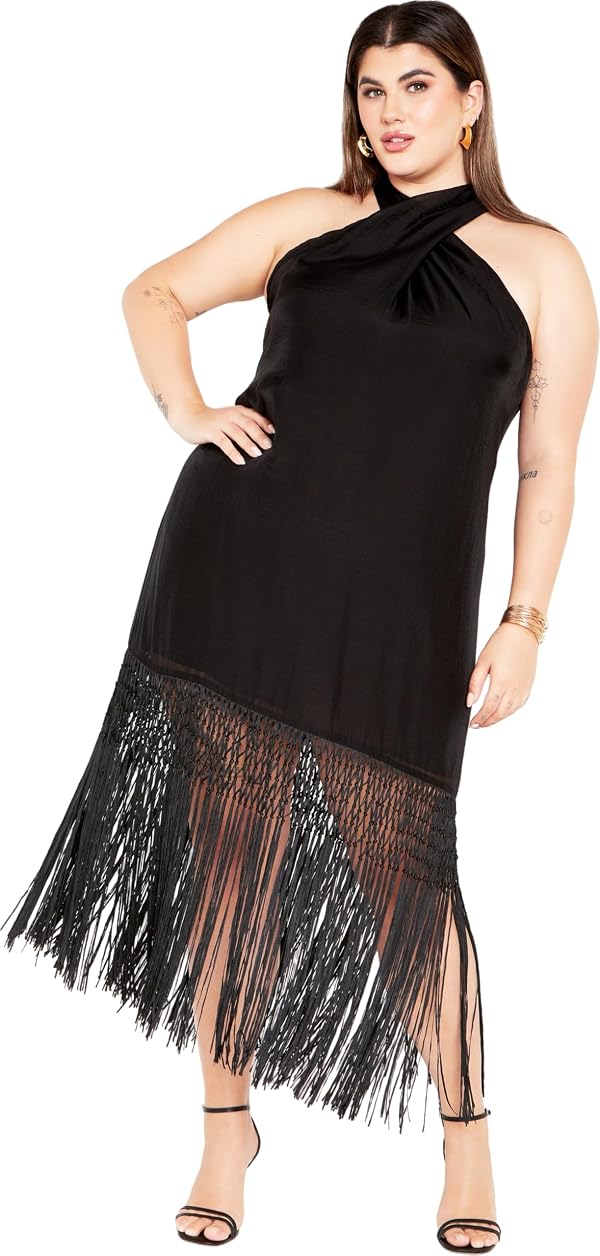City Chic Women's Plus Size Calypso Fringe Dress Black by City Chic - Used condition - US$69.25