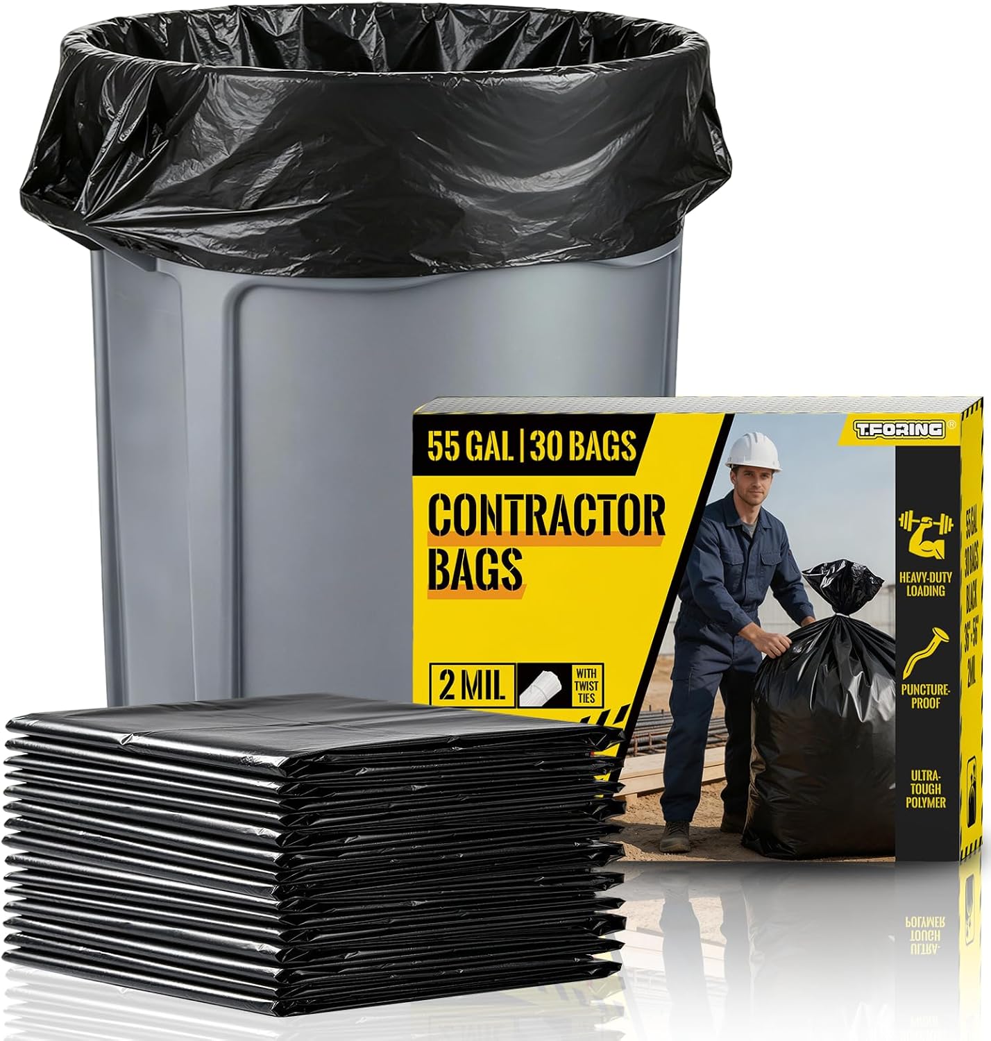 55 Gallon Contractor Garbage Bags Heavy Duty,2 Mil,30 Count,Black | 36''x56'',50+ Gal Large Trash Bag,Tear Resistant,Super Sturdy ,for Construction,Industrial Outdoor Use,Yard Waste