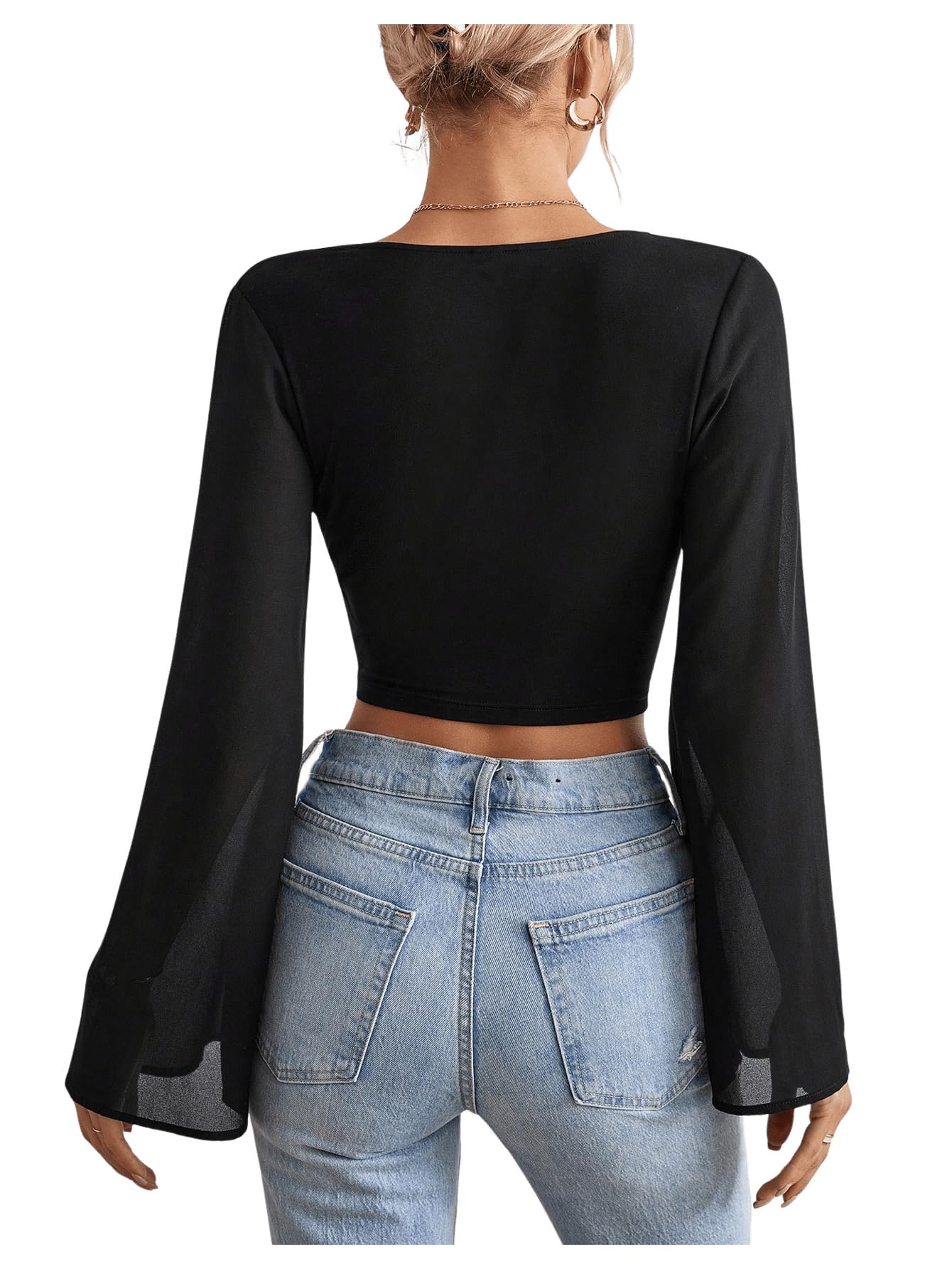 GORGLITTER Damen Bauchfreies Oberteil Cropped T-Shirt Wrap Crop Tops Mesh Ärmel Langarmshirt mit Volantärmeln