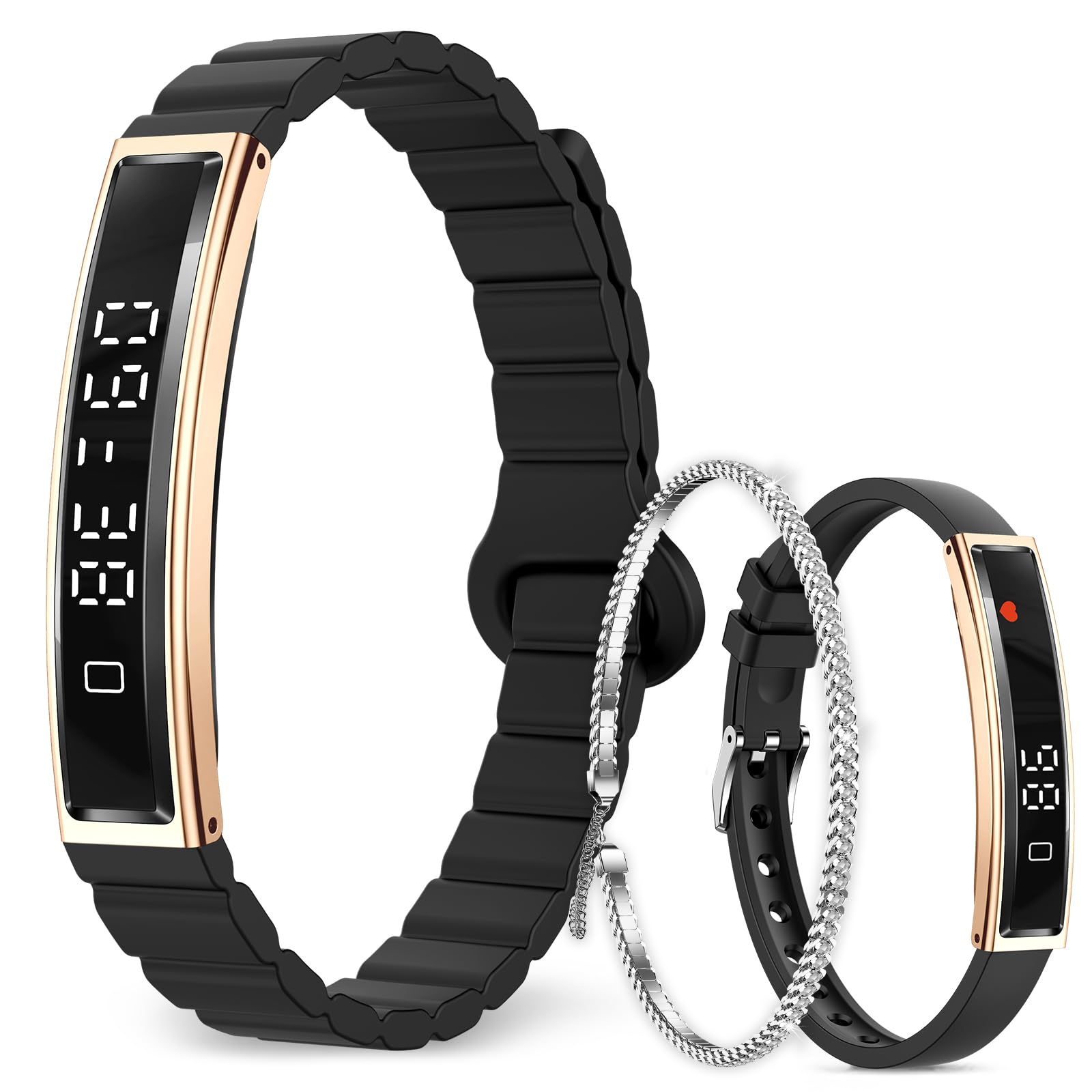 Fitness Tracker Bracelet for Women Men, Slim Smart Bracelet with Heart Rate, Blood Oxygen, Sleep Monitor, Step Counter, Pedometer, Waterproof for Android iPhone, 2 Straps & Chain Bracelet, Gold