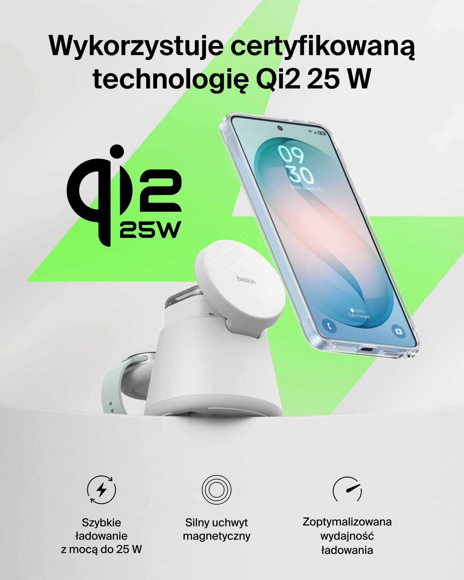 Belkin UltraCharge Bezprzewodowa Stacja Ładująca 3 w 1 z Qi2, 25 W – Biała | Ładowarka Magnetyczna do Urządzeń iPhone, Galaxy, Słuchawek i Smartwatchy, Certyfikat Qi2.2, Port USB-C, z Zasilaczem 45 W