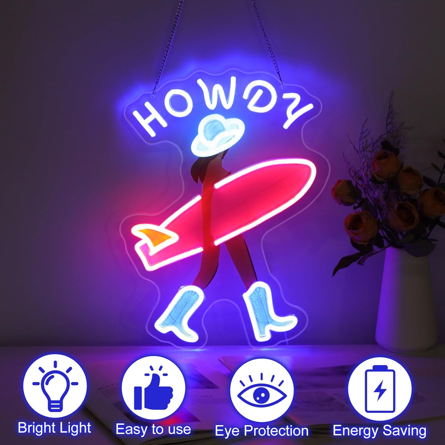 Howdy and Aloha Cowgirl Surf Girl Neon Sign, Howdy Cowgirl wall decor LED Light, Girly Wall Art Neon Sign, Coastal Cowgirl Brown Haired, 11.9"x16.5"