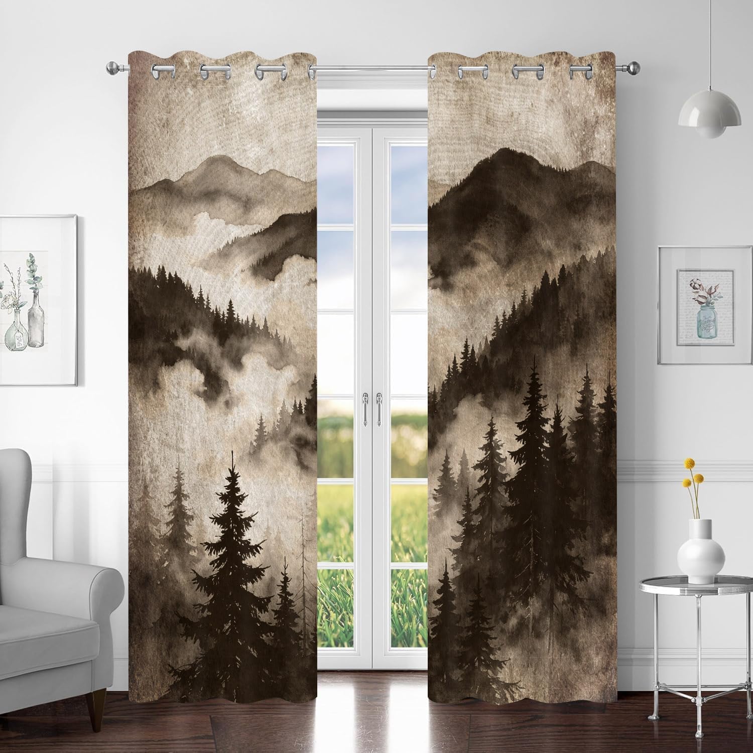 Misty Forest Print Curtain Nature Landscape Woodland Theme Watercolor Pine Trees Blackout Curtains 2 Panels Western Rustic Foggy Forests Vintage Drapes for Living Room Bedroom Cafe Kitchen 42x84in