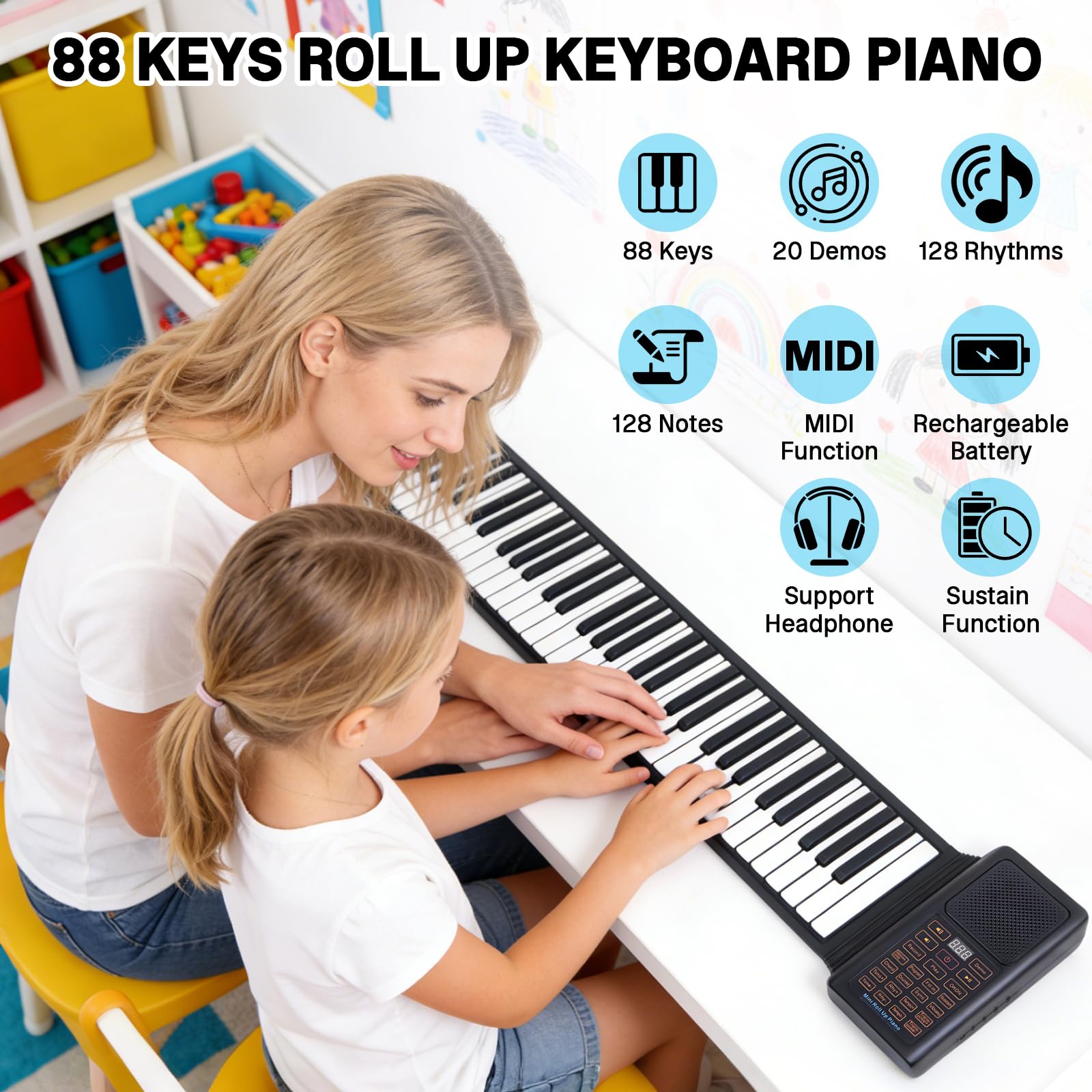 88 Tasten Roll Up Keyboard Piano, Keyboard Klavier faltbar mit 128 Rhythmen & 128 Tönen & 20 Demos, E-Piano mit MIDI-Bluetooth & Fußpedal für Erwachsene Kinder Anfänger