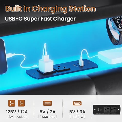 Miniatura 6 de ADORNEVE Base de cama Queen con almacenamiento elevable, estación de carga tipo C y cabecera de almacenamiento oculta, cama de plataforma tapizada