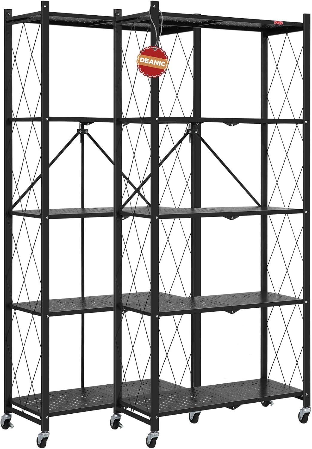 deanic 5 tier foldable storage shelves with wheels, large capacity shelving unit, freestanding metal wire shelf rack, no assembly organizer rack for garage kitchen, basement, pantry(black pack of 2) 2 black