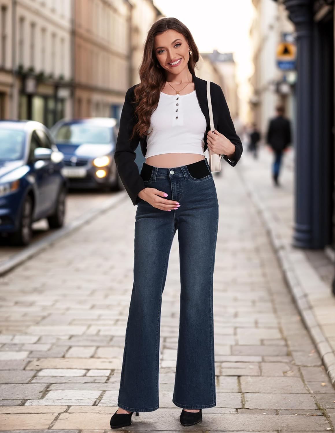 PACBREEZE Women's Maternity Flare Jeans Mid-Rise Stretchy Bell Bootcut Jeans Denim Pregnancy Pants, S-XXL (Vintage, X-Large) - Image 2