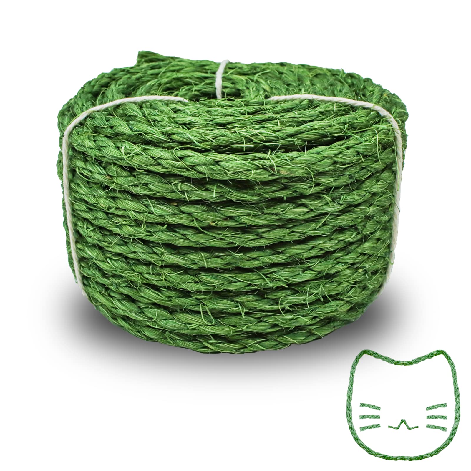 Sisal Rope for Cats, 6MM (30 M/98 FT) Natural Thick Hemp Rope for Repair Cat Scratching Post, Jute Rope Cat Tree Rope for Repair or Replace Cat Tree, Cat Tower, DIY Craft Rope, Home Decor (30M, Green)