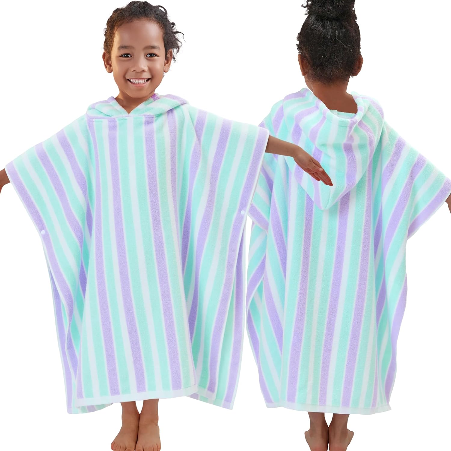 VOOVA & MOVAS Poncho Towels for Kids (4-8Years), Quick Dry Lightweight Absorbent Cotton Hooded Towel Robe for Pool | Swim | Beach | Bath, Aqua Purple Stripe