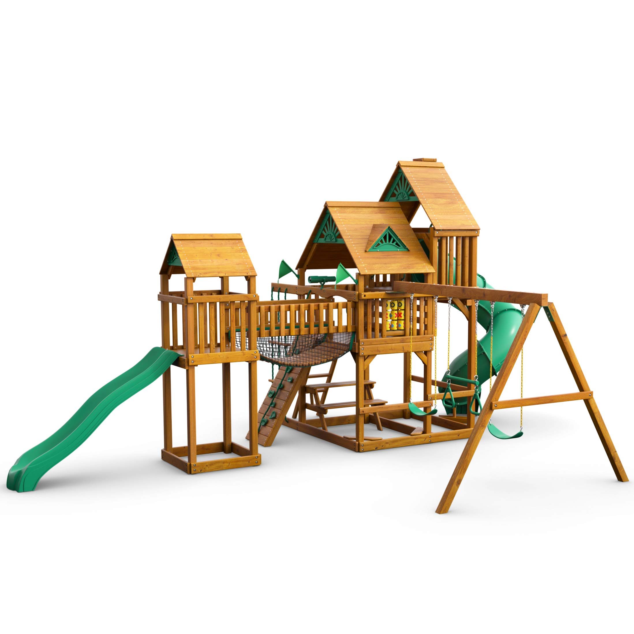 Gorilla Playsets 011021AP Treasure Trove I Wood Swing Set with Wood Roof, Clatter Bridge, and