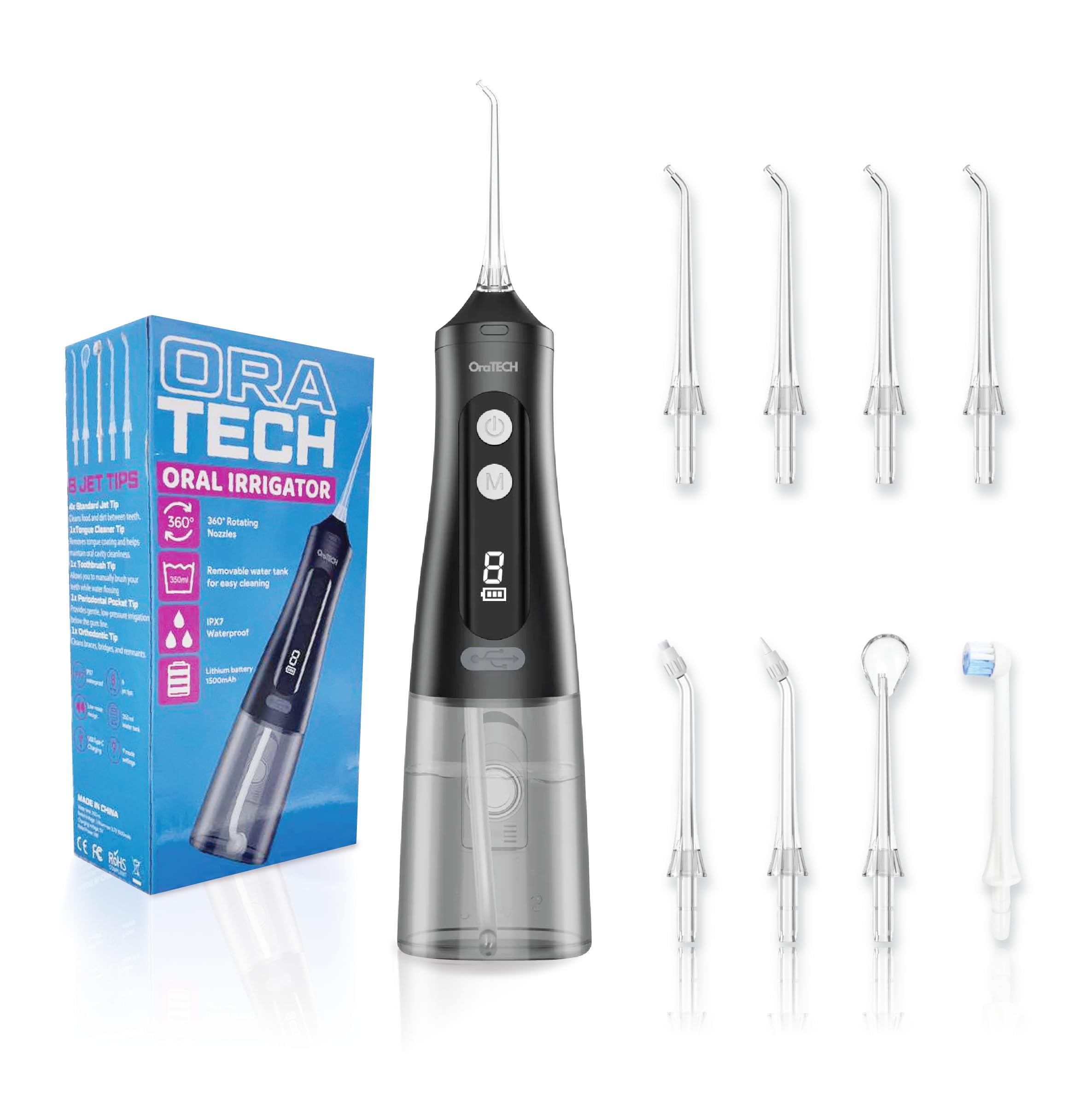 OraTECH Water Dental Flosser Portable Cordless Oral Irrigator 350ML Rechargeable Travel IPX7 Waterproof Electric Flossing for Teeth Cleaning