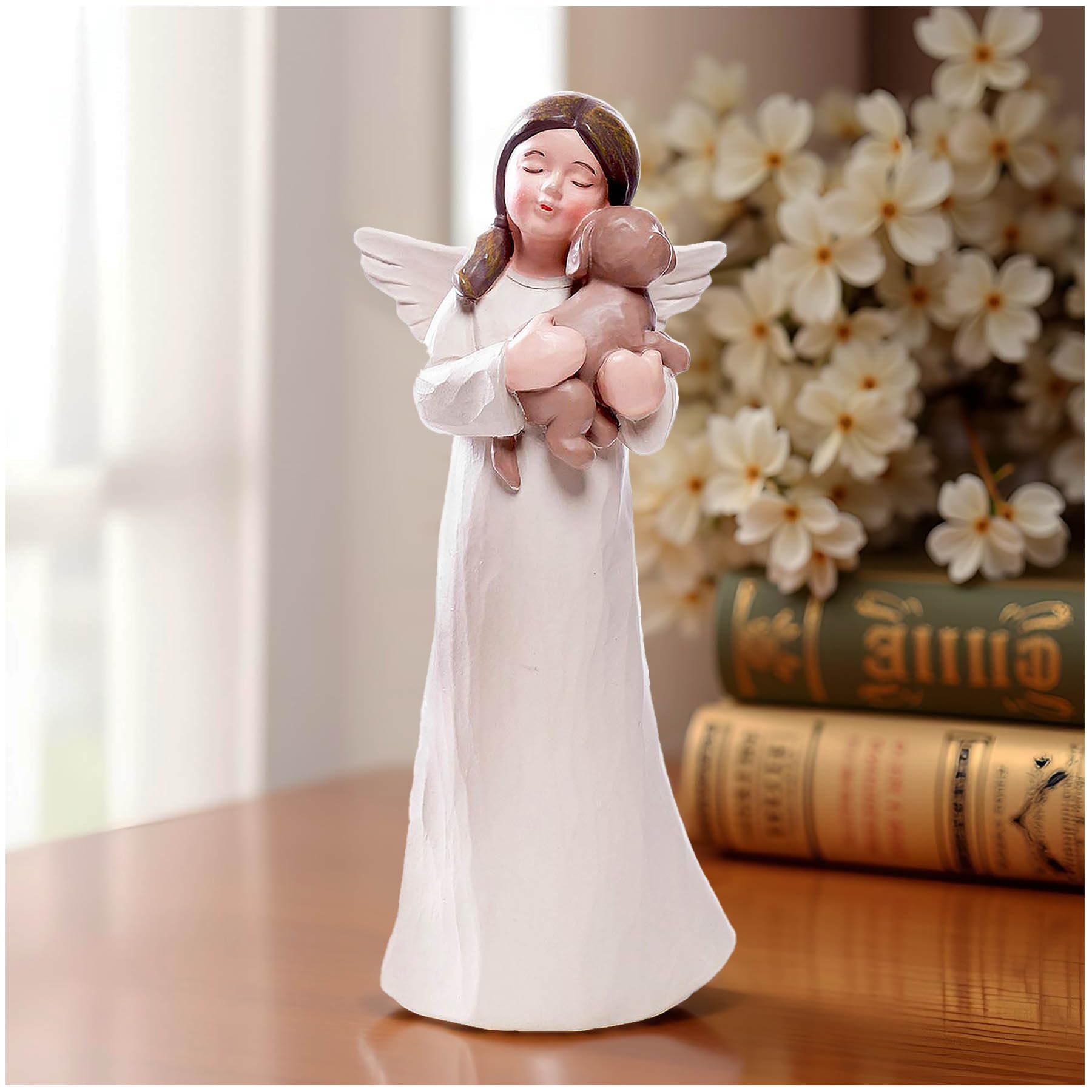 Cute Angel with Dog Figurine Holding Statue, Love Dogs Decor, Dog Owner Gifts for Girl, Pet Passed Away Sympathy Sculpture, Hand Painted Resin Cream Color 5.12 Inch