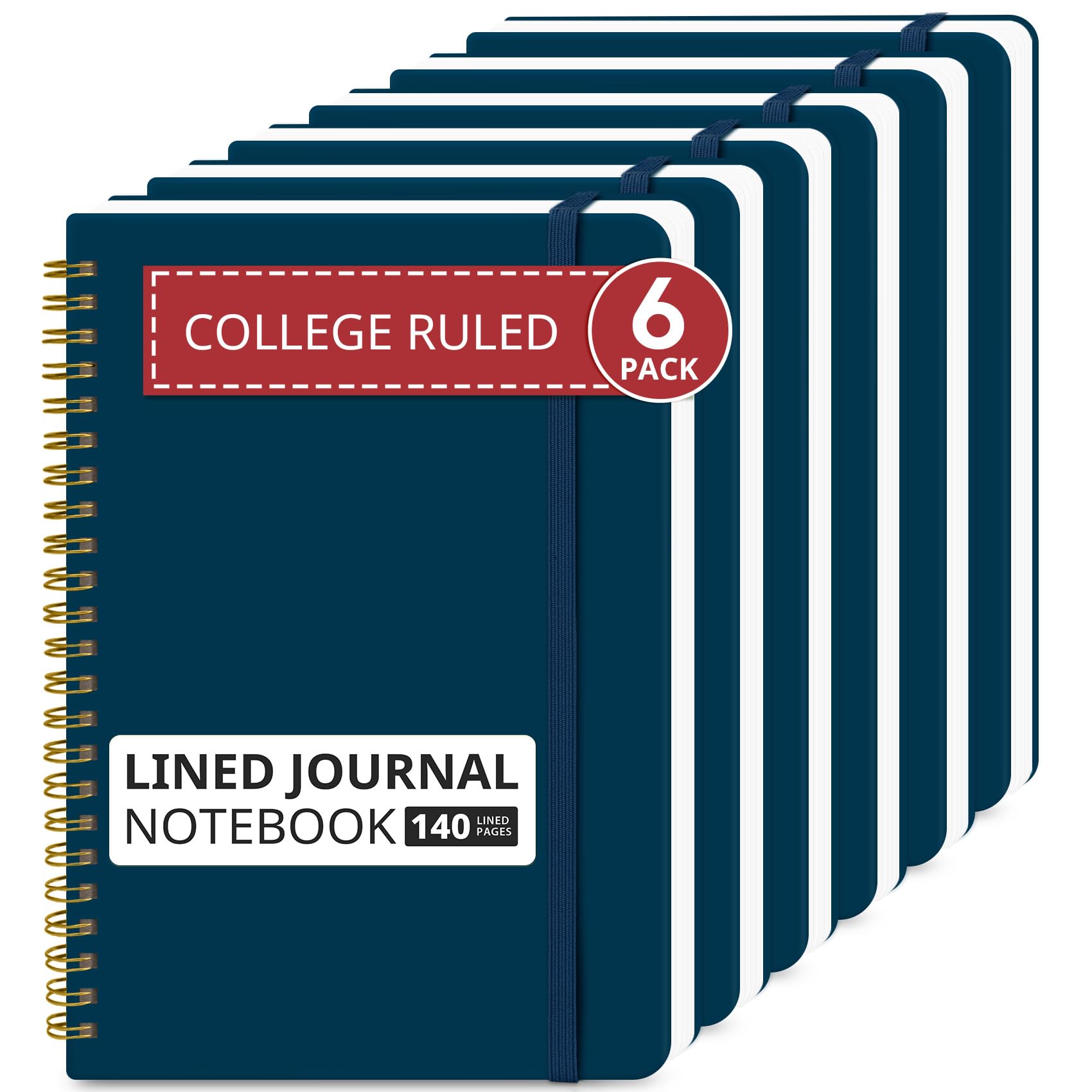 Taja Confezione da 6 quaderni a spirale a righe per lavoro, 140 pagine, formato A5 (14,5 x 20,1 cm), copertina rigida, a righe, per prendere appunti, perfetti per ufficio, scuola, casa, blu navy
