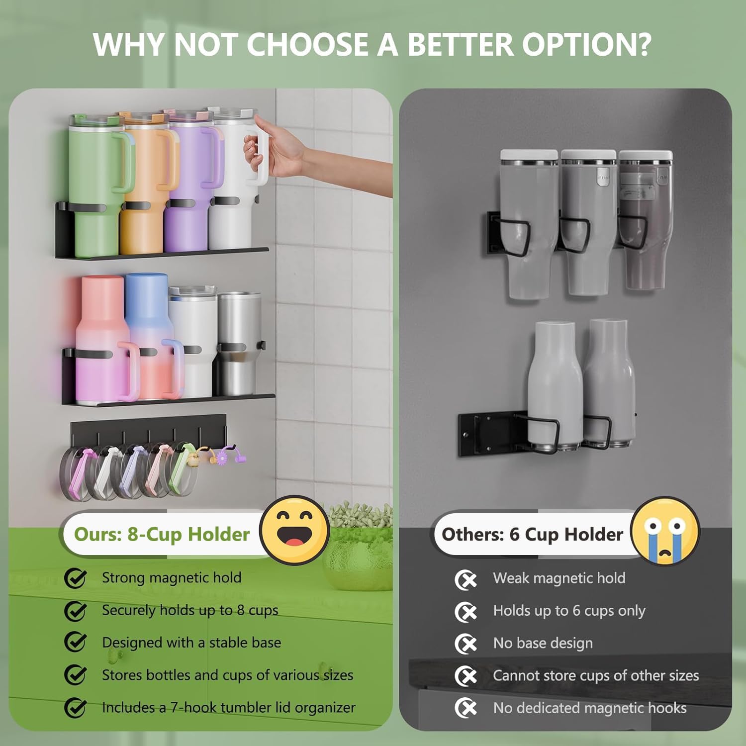 Max Capacity 8-Cup (2x4) Magnetic Stanley Cup Holder for Stanley & Yeti Tumblers (20/30/40oz) – Holds 4 Water Bottle Each, Tumbler Organizer with 7 Hooks for Kitchen Fridge & Metal Surfaces - Image 4