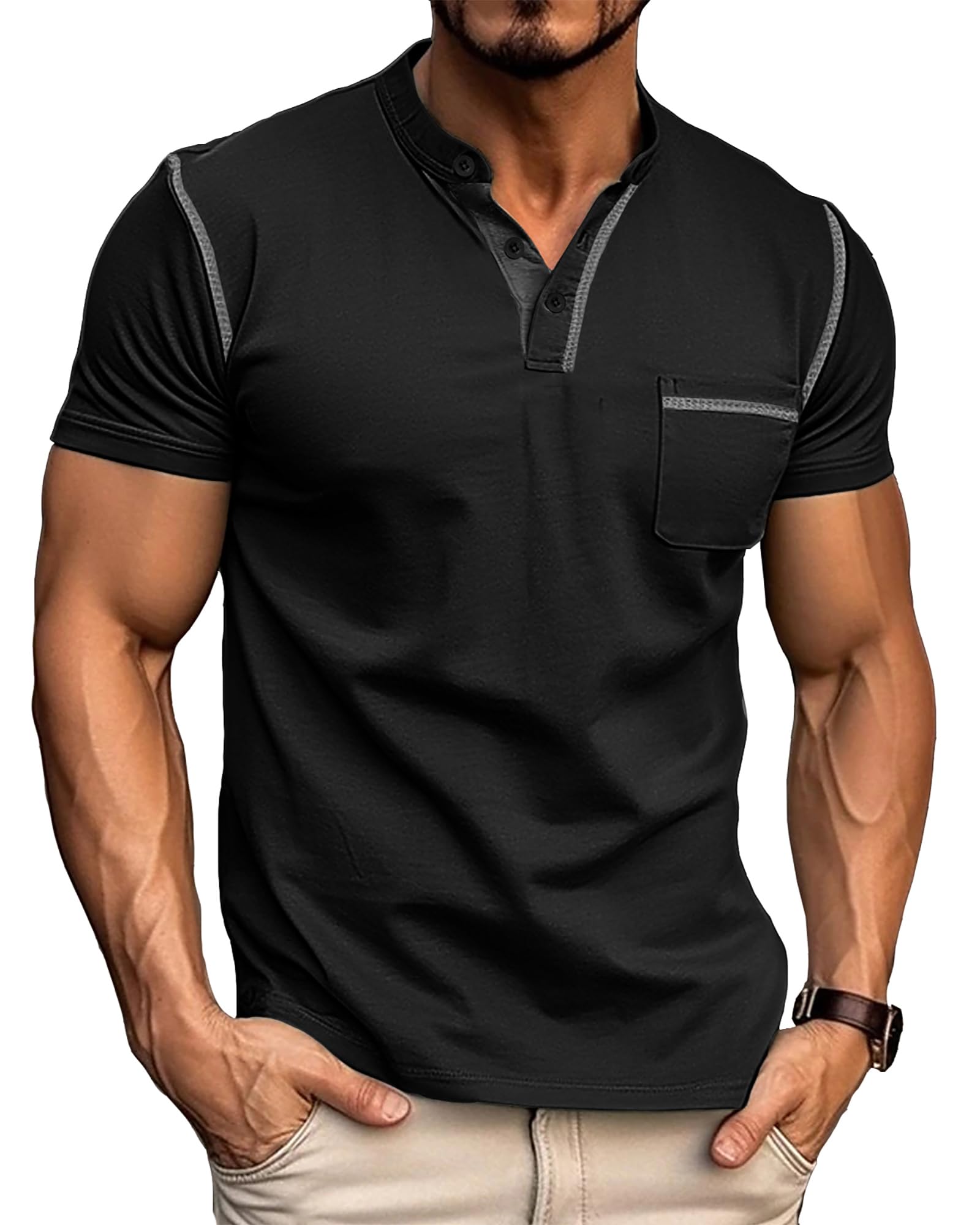 PRIVIMIX Henley T Shirt Herren Kurzarm Baumwolle Poloshirt mit Knopfleiste und Brusttasche Arbeit/Sport M-3XL